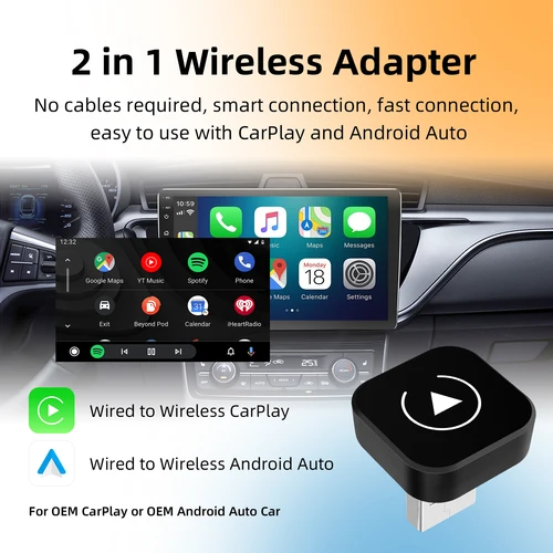 Imagen 2 del producto Adaptador Universal 2 en 1 inalámbrico CarPlay Android Auto Mini caja inteligente para coche con cable de fábrica, conexión rápida WiFi Plug And Play