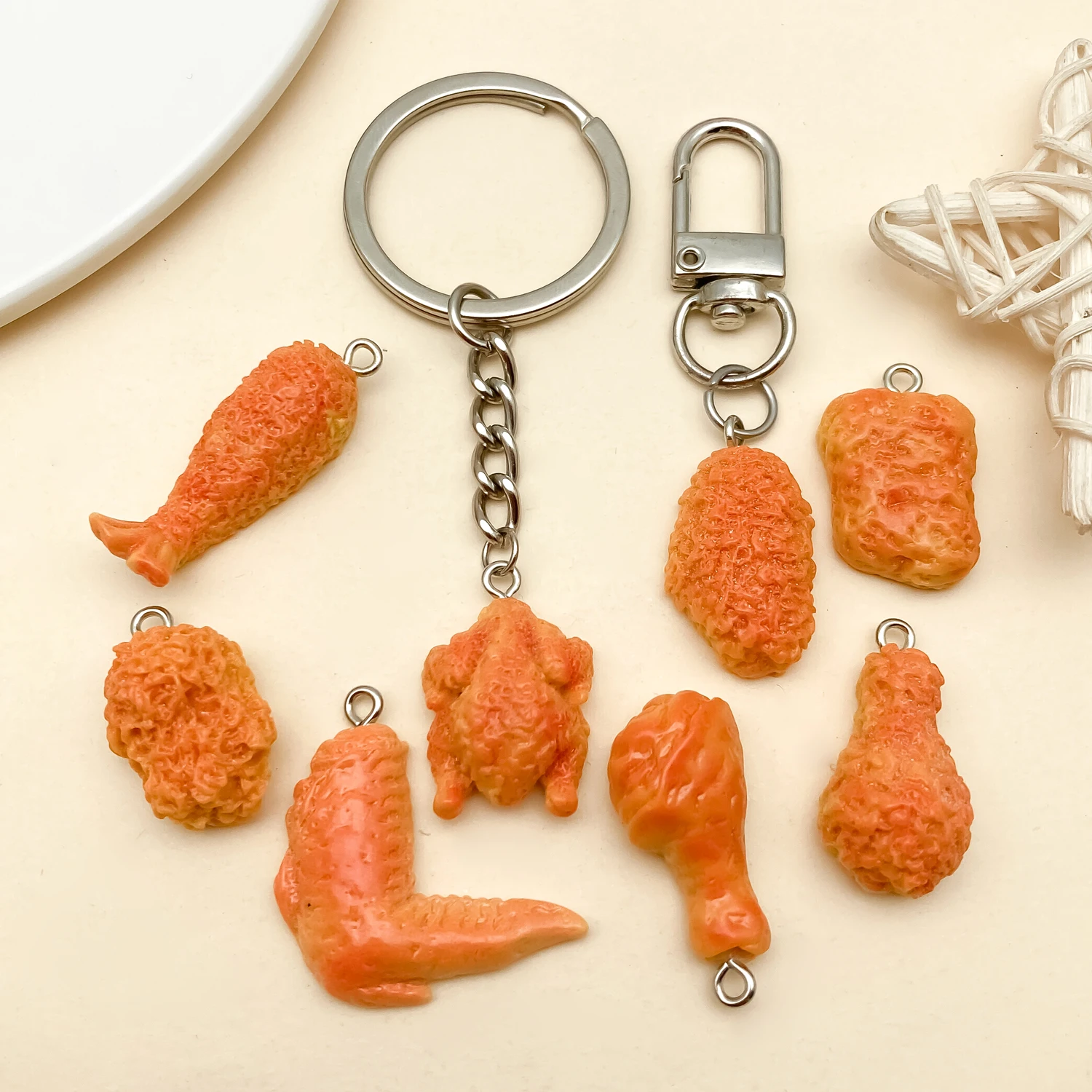 10/16pcs Fried Chicken Charms 3D Resin Realistic Food Pendants Mixed Styles For DIY Craft Ornament & Jewelry Making Accessories