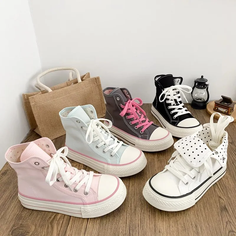 2026 Fresh Women Canvas Shoes High Top Female Flat Canvas Sneakers Lace Up Student Black Sport Shoes Pink Girls Shoe Summer