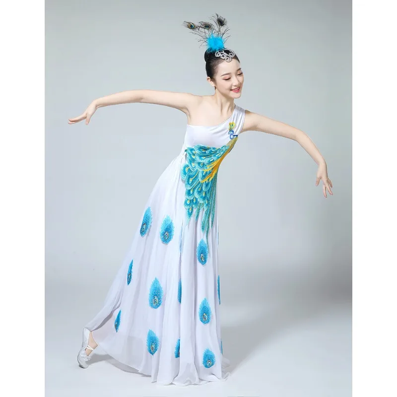 Elegantes Pfauentanz-Performance-Kostüm, klassischer neuer Stil, Yangqigong-Tanzkleidung für Darsteller