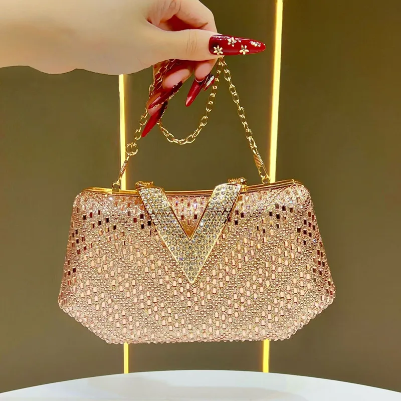 2025 Brand Desig Women V-shaped Lock Inlaid Full Diamonds Evening Clutch Bag Luxury High End Party Handbag Wedding Crossbody Bag