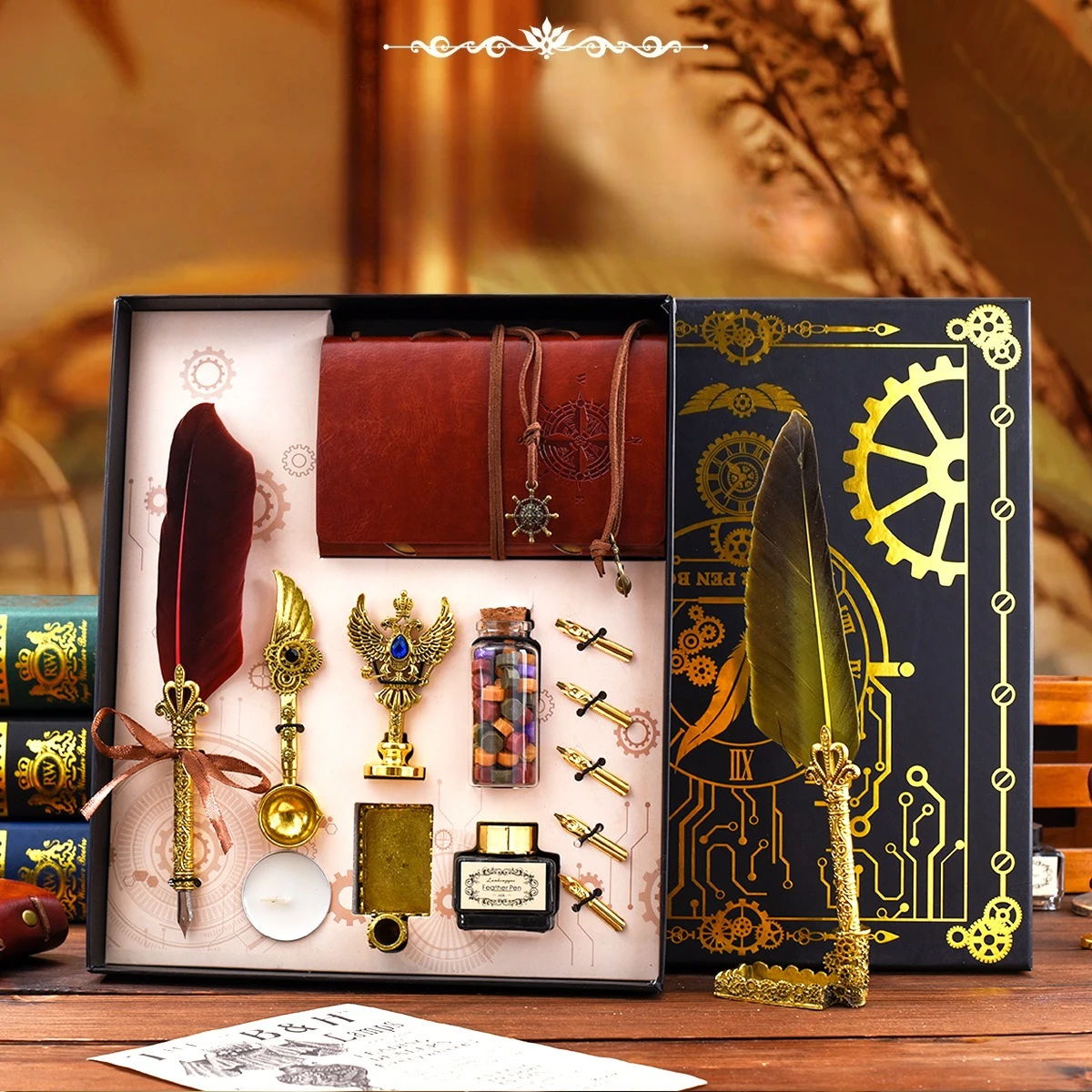 Vintage Feather Pen Notebook Gift Set  Include Dip Pen 5 Replacement Pen Tips Ink Wax Particles Handle Seal Wax Spoon Gift