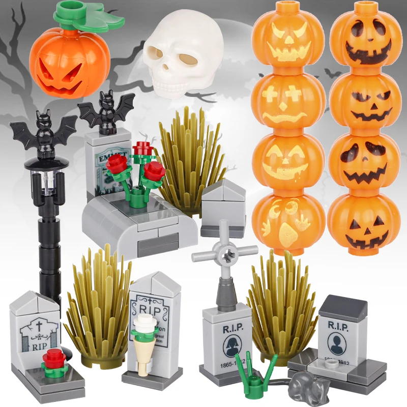 City Halloween Series Building Blocks Street View Tombstone Cemetery Skeleton Pumpkin Ghost Bat Snake Accessories DIY Bricks Toy