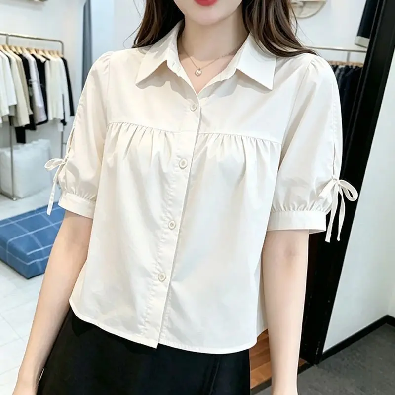 Fashionable Thin Short Sleeve Shirt for Small Stature Women  Knot Loose Fit Summer New Style Top  Collar Other M...