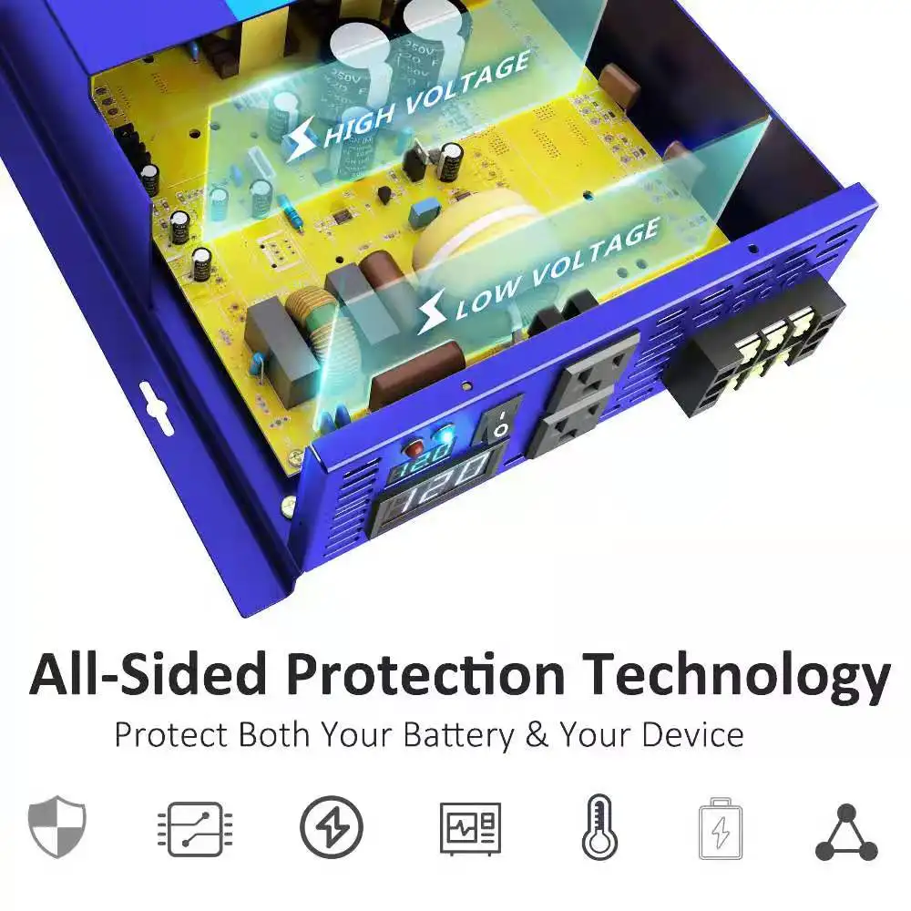 4000W Solar Inverter Pure Sine Wave Battery DC Power Converter 12V/24V/36V/48V to 110/110V/120V/220V/230V/240V AC Remote Control