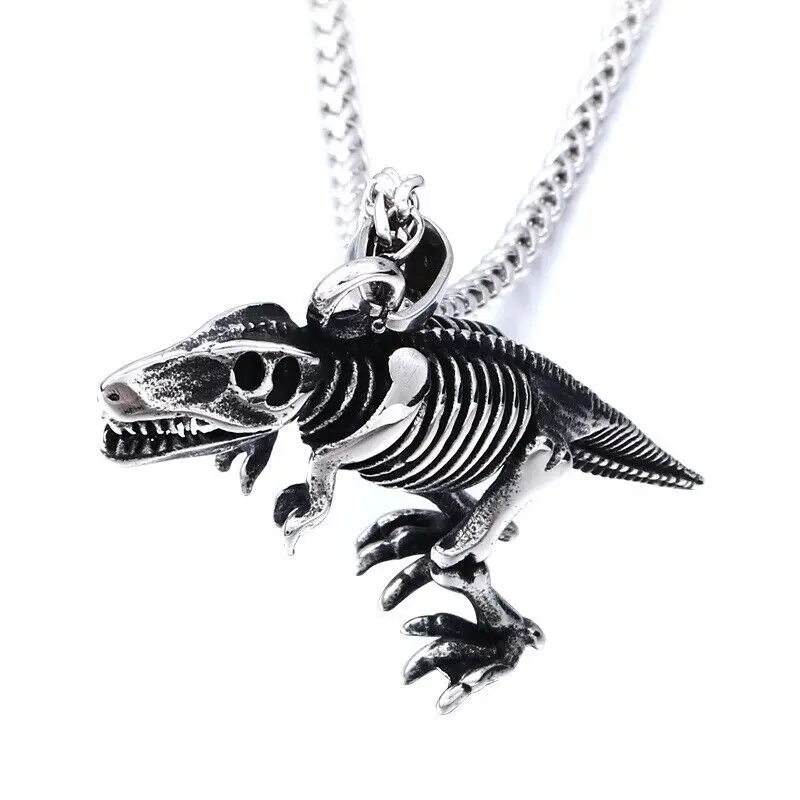 Vintage Raptors Fossil Dinosaur Bone Pendant Men's Stainless Steel Necklace Chains