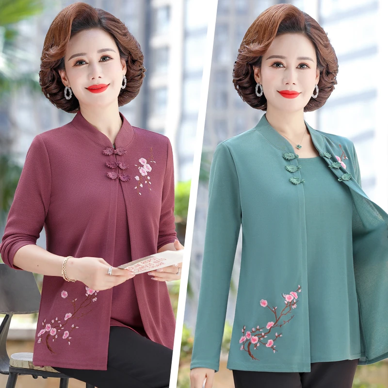 Long Sleeve Shirt Fake Two Piece Autumn Middle-aged Mothers knitting embroidery solid color Knitted Casual Loose Top