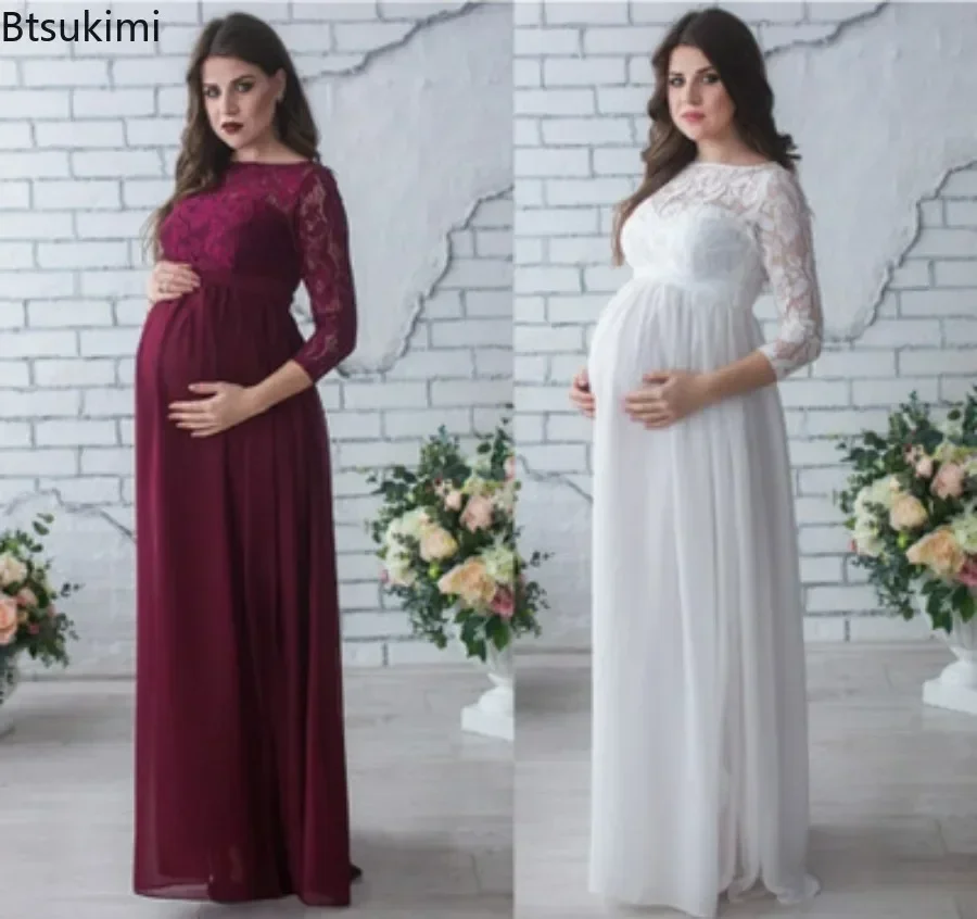 New2025 Women's Crochet Lace Maternity Photography Props Dresses Maternity Photo Shoot Cardigan Dress Pregnancy Women Long Dress