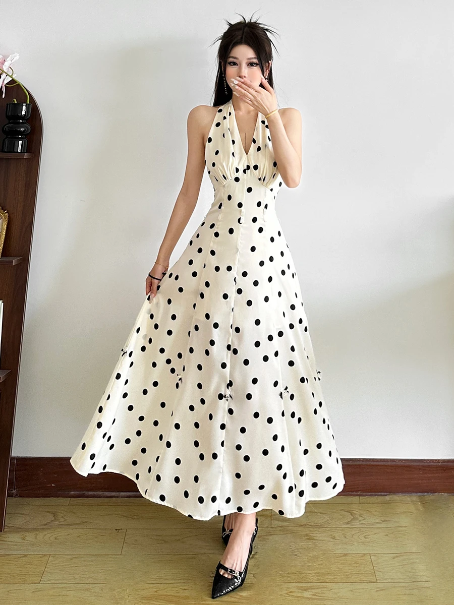 奇妙な猫柄水玉プリントホルターネックドレス エレガントなロングスカート レディース 夏 インスタイル ポリエステル生地 ノースリーブ Vネックドレス