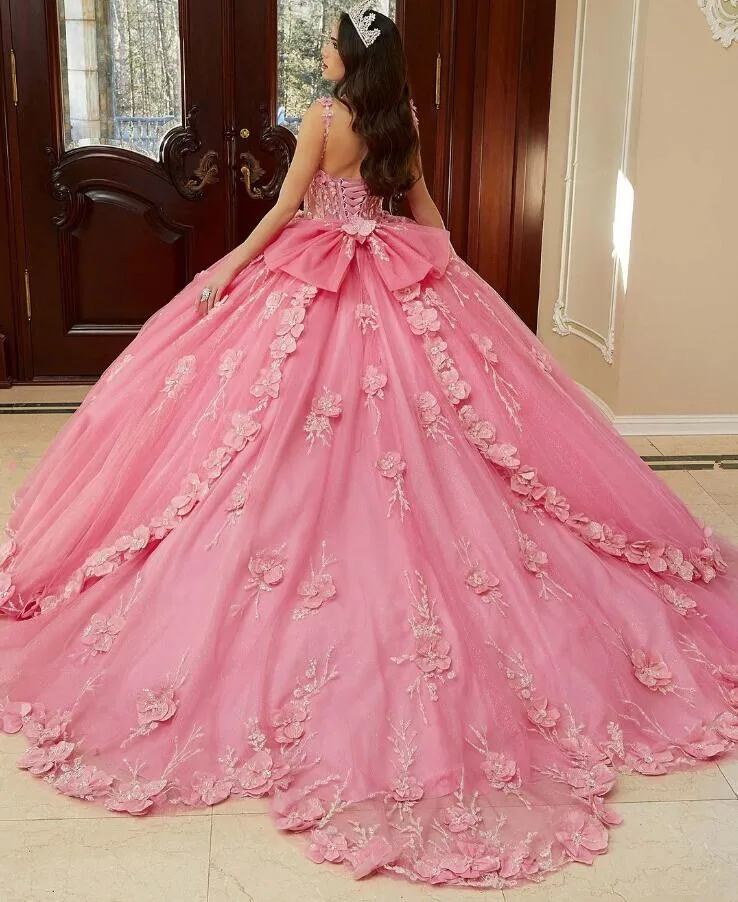 

Peach Pink Princess Quinceanera Dresses With Jacket 3D Floral Crystal Bow Lace-Up Corset Vestido De Debutante 15 Anos