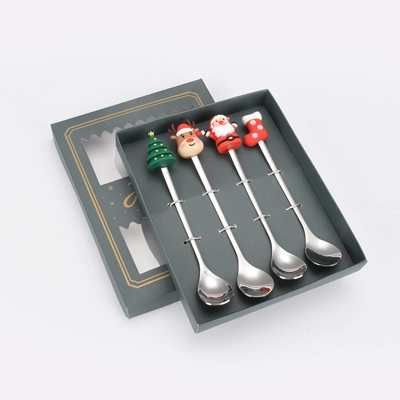 คริสต์มาสช้อนส้อมช้อนส้อมชุด Elk ของขวัญ Christmas Tree Snowman Santa Claus ตกแต่งช้อนขนมหวานผลไม้ส้อมช้อนกาแฟ