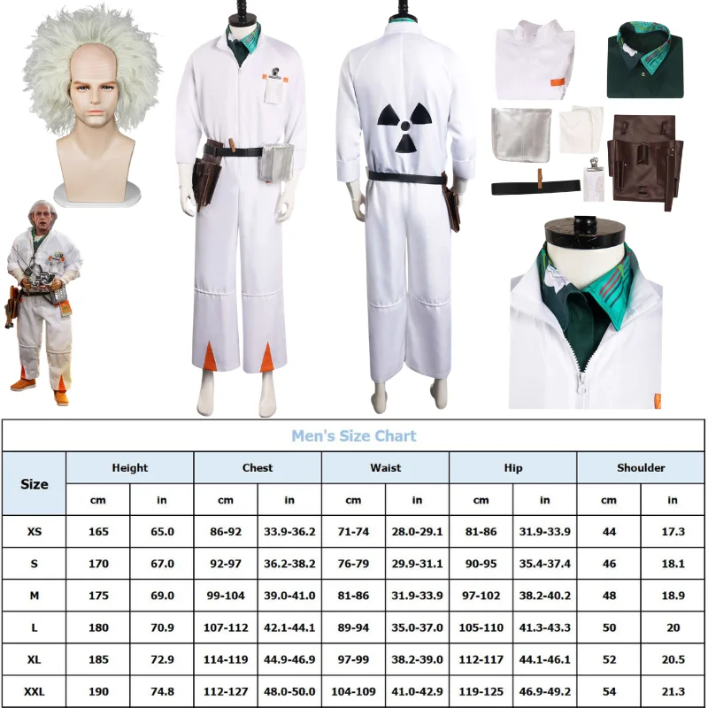 

Костюм для косплея Доктора Брауна, белый комбинезон для вечеринки в стиле «Назад в будущее» с париком, для Хэллоуина