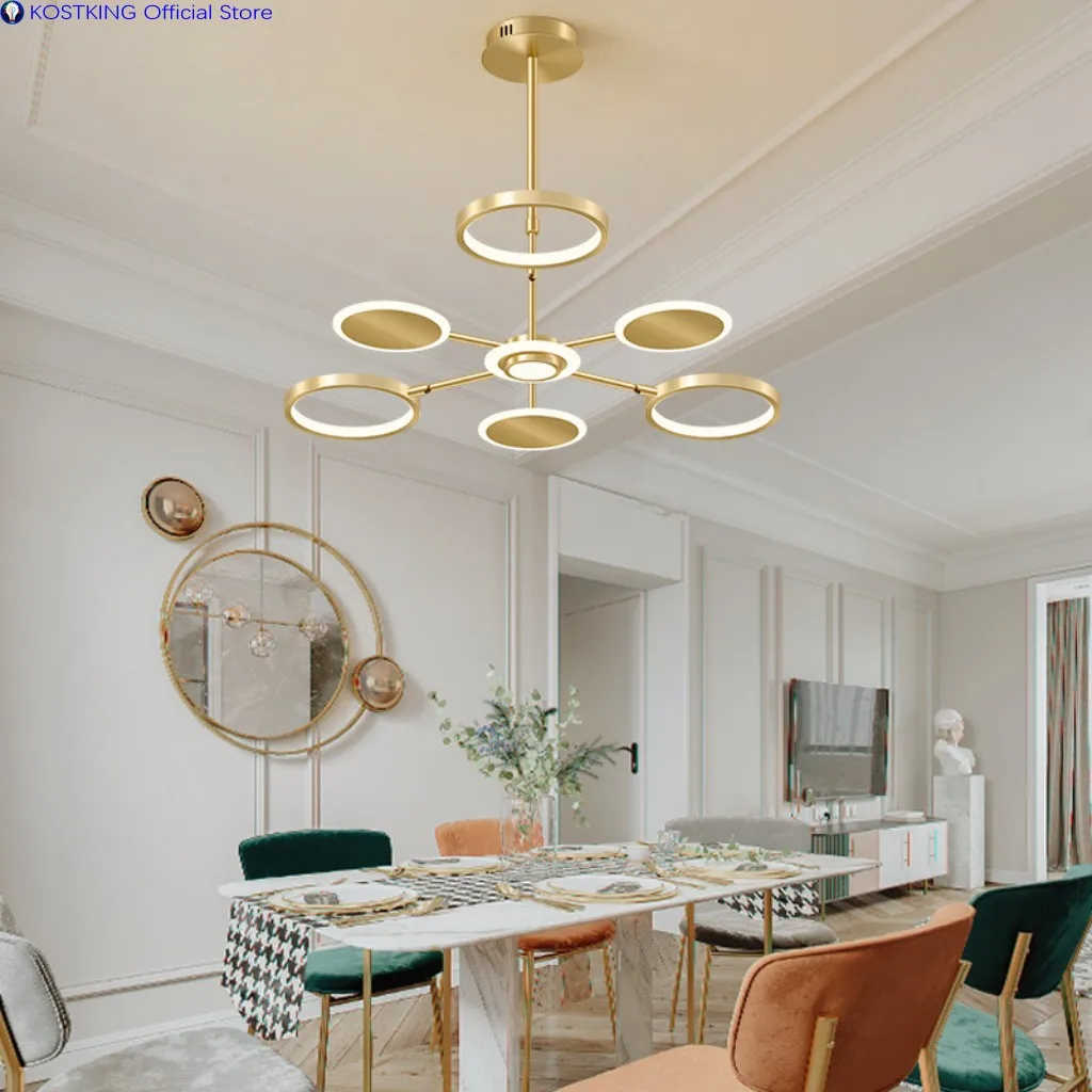 Modern Gold Led Ring Pendant Light For Living Room Simple Round Dimming Chandelier Hanging Lamp Lighting Fixture Bedroom Decor