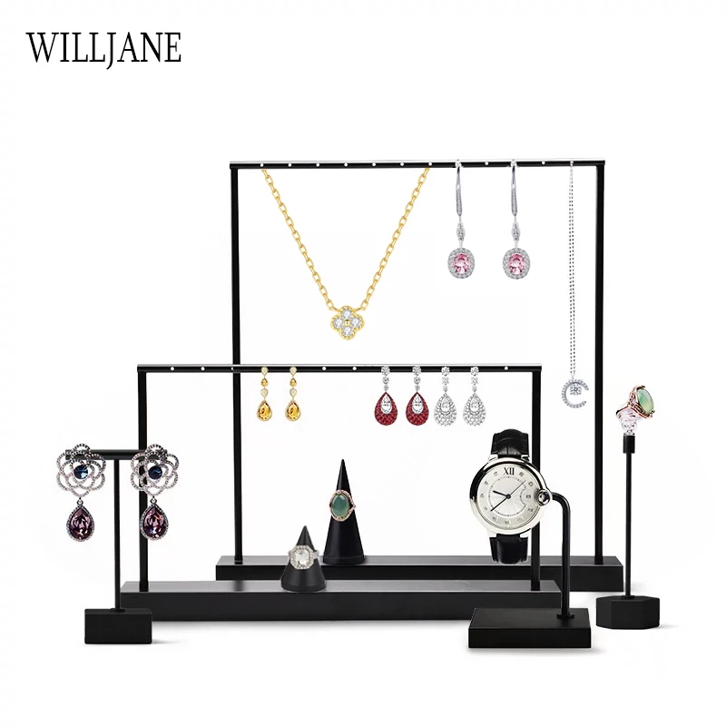 Black Metal Earrings T-Bar Stand Necklace Chains Ring Jewelry Hanging Holder Organizer Watch Counter Display Stand for Selling