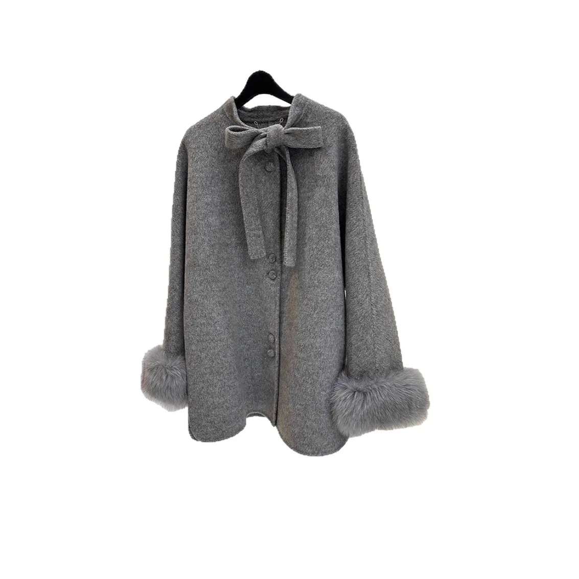 

Korean Woolen Coat Women's Bow Double-Sided Wool Velvet Jacket Elegant Real Fox Fur New