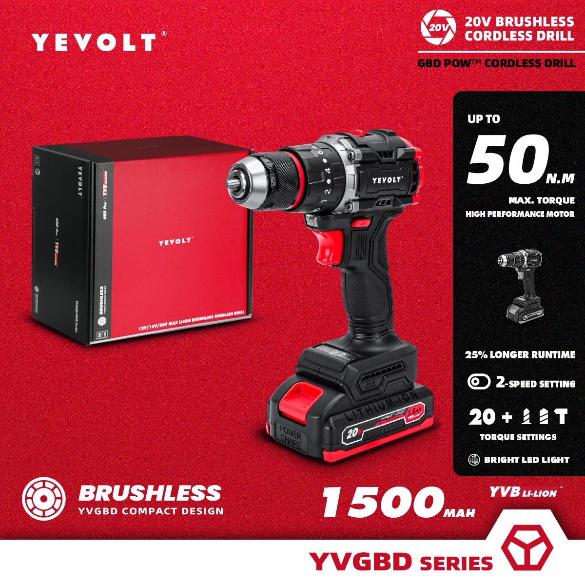 YEVOLT Brushless Electric Screwdriver 20V Drill Cordless Impact Drill Handheld 1.5Ah Power Tool-YVGBD20DU3