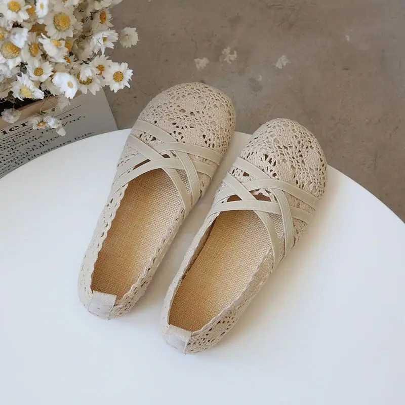 Elegant Woman Shoe Summer Air Mesh Flats Women\'s Breathable Mary Jane Shoes Ladies Ankle Strappy Ballet Shoes Cutout Lace Loafer