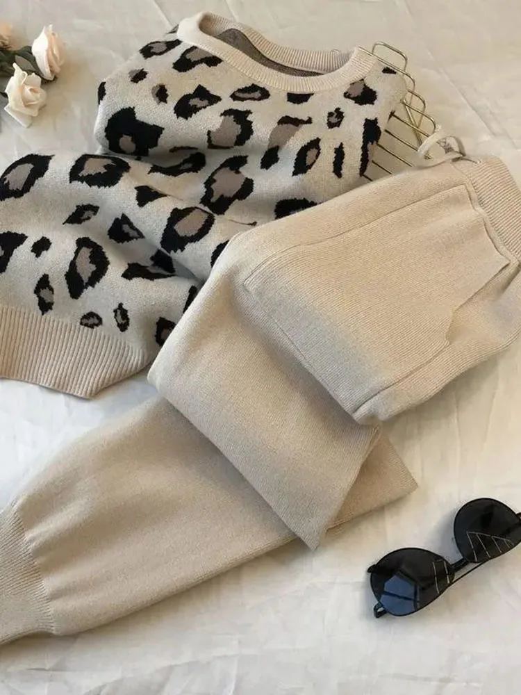 Winter Fall Soft 2 Piece Sets Print Warm Pullovers Outfit High Waist Ankle Length Harem Pant Suits Casual Knitwears Conjuntos