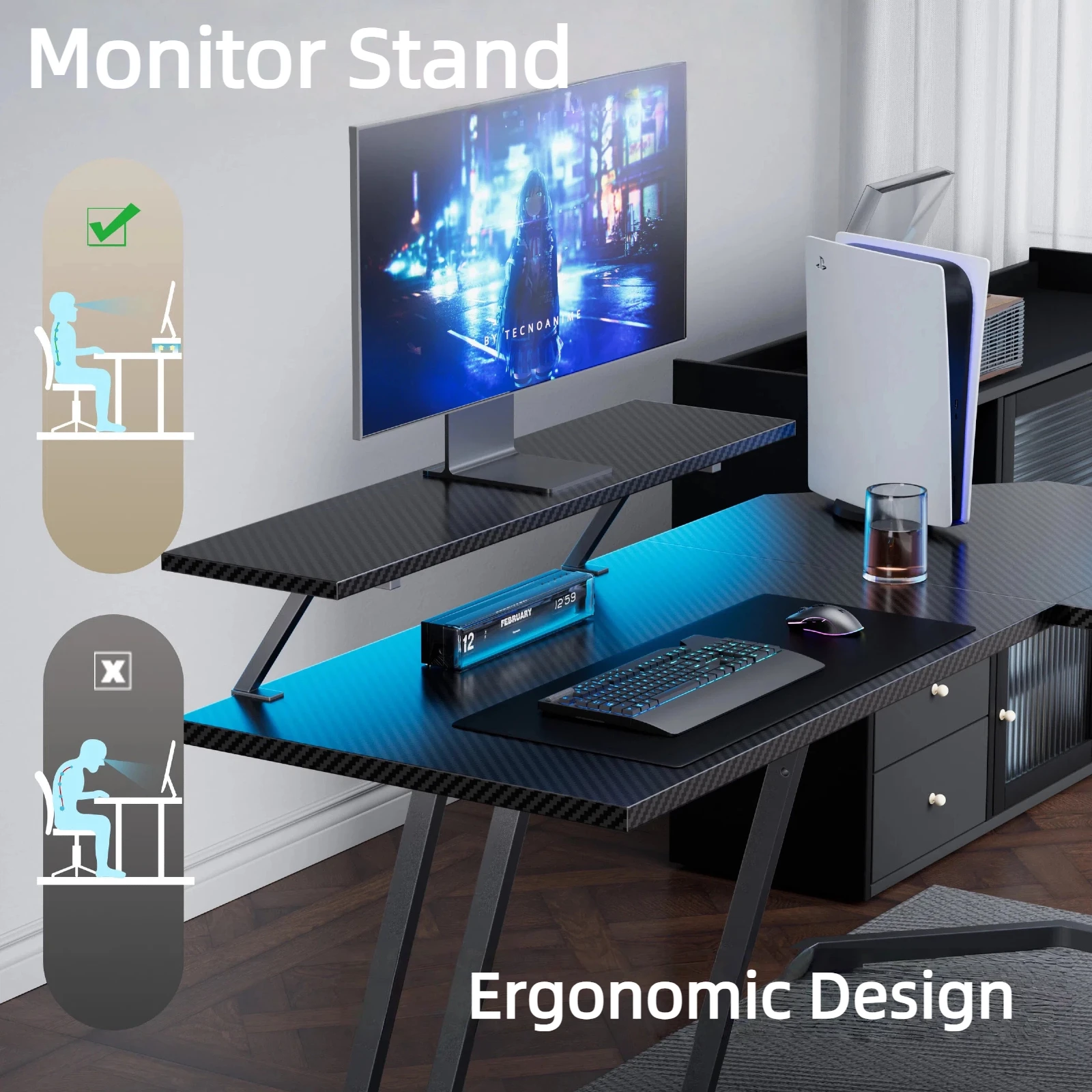 LED 조명과 모니터 스탠드가 있는 L자형 게이밍 책상 - Pc Gaming Center 리뷰 및 가격