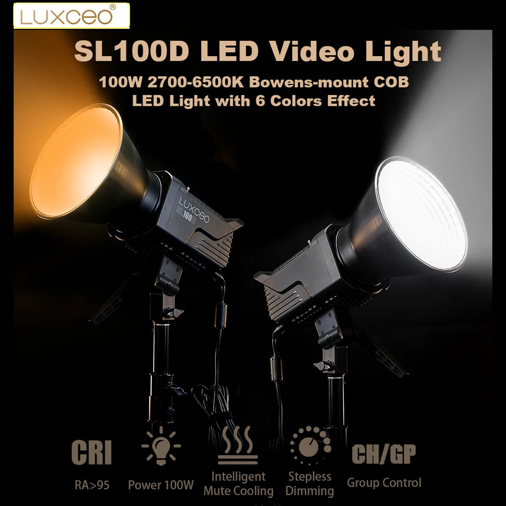 LUXCEO SL100D 100W Bi-Color 2700-6500K Adjustable Bowens Mount LED Video Light CRI95+ TLCI96+ 6 Light Effects with Mute Fan