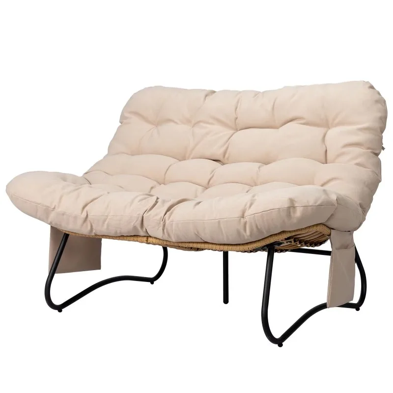 2-Seat curved wicker double sofa with magazine bag beige seat cushion garden sofa