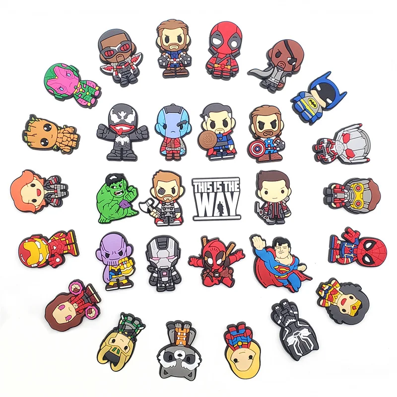 

30 шт., обувь из ПВХ с супергероем Marvel, подвески, милые сандалии «сделай сам», аксессуары для сабо, украшения, пряжка, подарок для мальчиков и детей