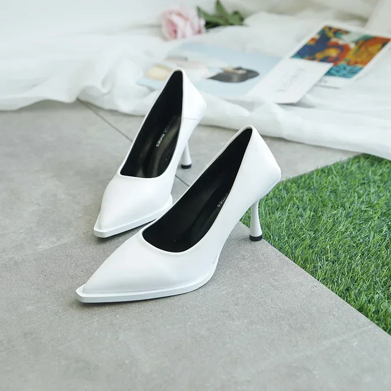 

Sexy Leather High Heels Pointed Toe Pumps for Fashion Office Lady Versatile Banquet Wedding 2024 New Women's Shoes Solid Color