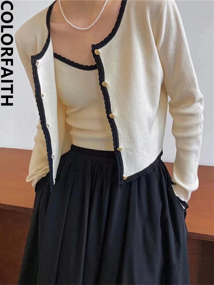 Colorfaith SWC5190DG New 2024 Sweet Korean Fashion Two Pieces Women Vintage Spring Summer Knitted Cardigans Elegant Lady Tops