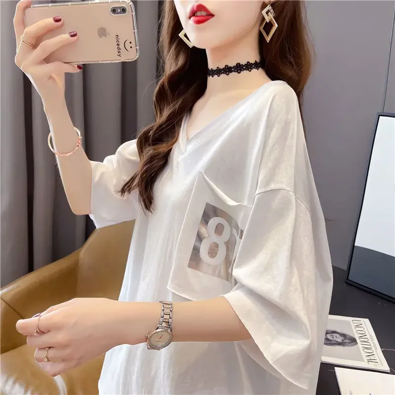 DAYIFUN Mid Length V-neck T-shirt Women Summer Short Sleeve Oversized Digital Printing Tee with Pockets Korean Casual Design Top
