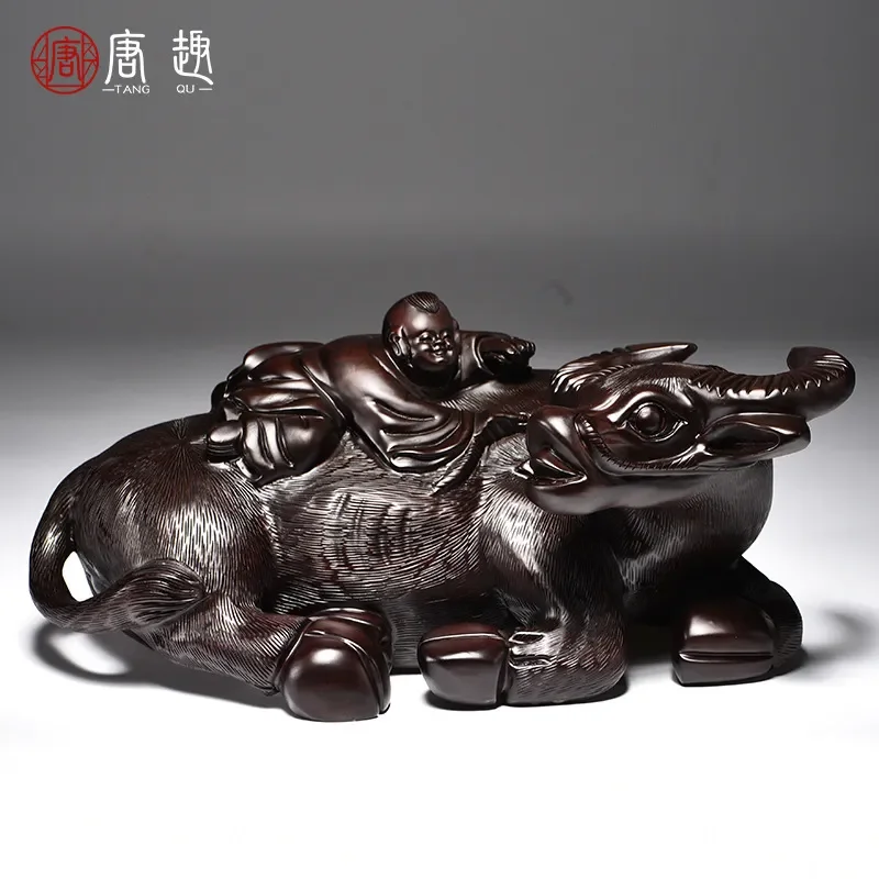 Ebony wood carving lying cow ornament shepherd boy riding cow home office decoration new home opening gift crafts