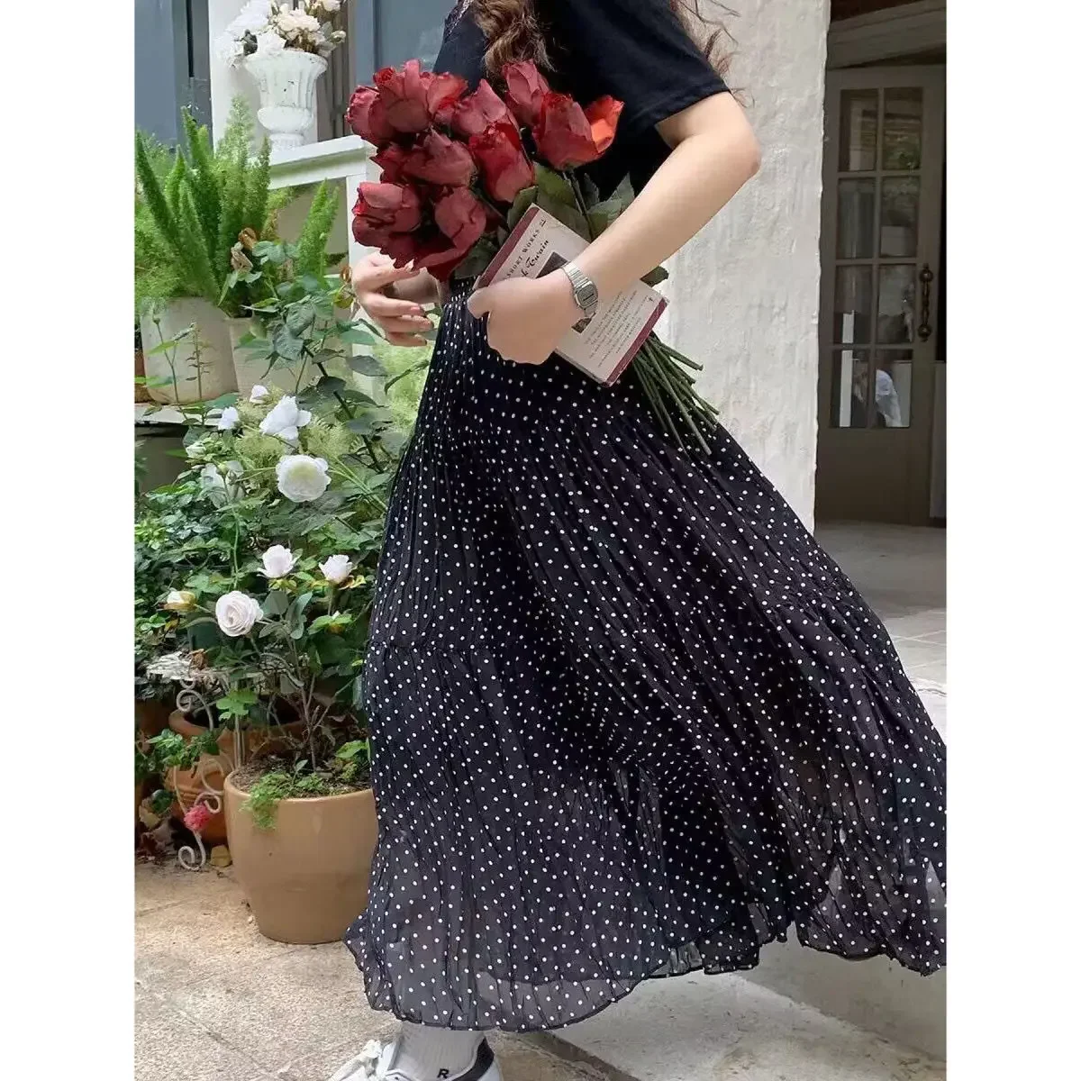 Summer Woman Casual Dot Midi Skirt Outfits Korean Fashion Elegant Skirt Boho Beach Vintage Skirt Chic High Waist Design Clothing