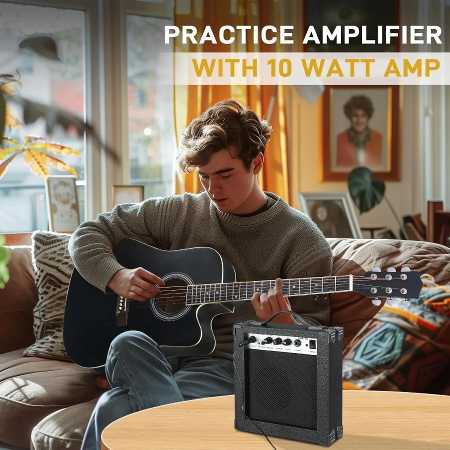 Gitar Akustik Elektrik Ukuran Penuh dengan Amp Terintegrasi, Body Basswood 41-Inci, Kit Gitar Dirancang untuk Pemula dan Tingkat Menengah