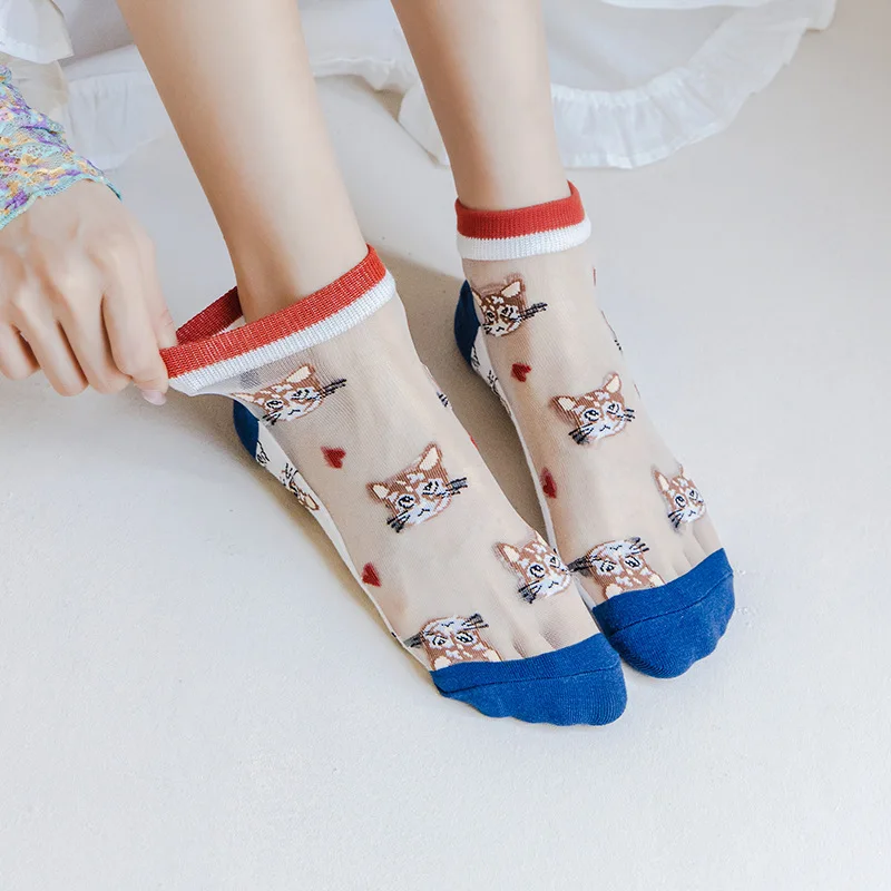 5 paia Cartoon Lovely Cats Women calzini da barca alla caviglia in seta pizzo ultrasottile Girls trasparente Fashion Kwaii Cute Dress Sox Summer