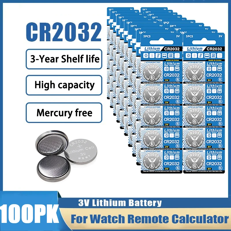 5-100PK CR2032 Coin Cell Battery 3V 200mAh Long lasting Lithium Battery for Electronic Remote Control Devices Calculator