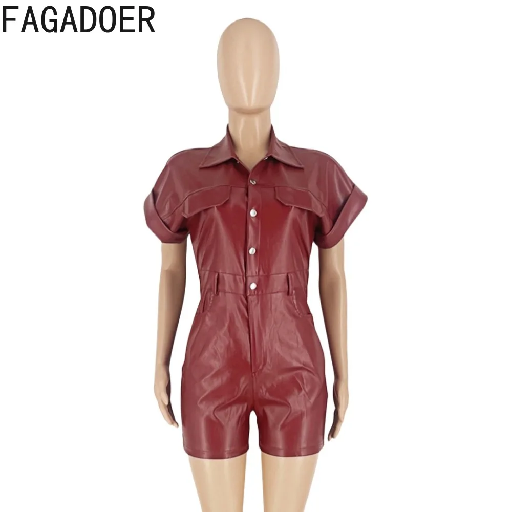 Fagadoer-Punk macacão de couro para mulheres, macacões One Piece, roupas Y2K, lapela, botões, bolso, bodycon, streetwear, feriados, quente