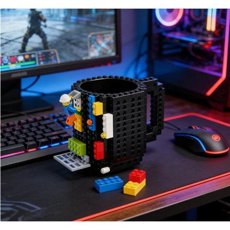 350ml DIY Creative Brick Cup, Black Build-On, Heat Cold Lock, Insulated Mug for Daily Office Break Insulated Scratch Resistant