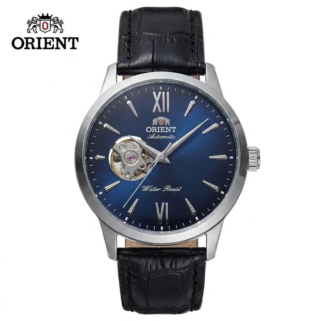Orient Men's Open Heart Skeleton Automatic Mechanical Wristwatch Green Dial Leather Strap Waterproof Business Formal Dress Watch