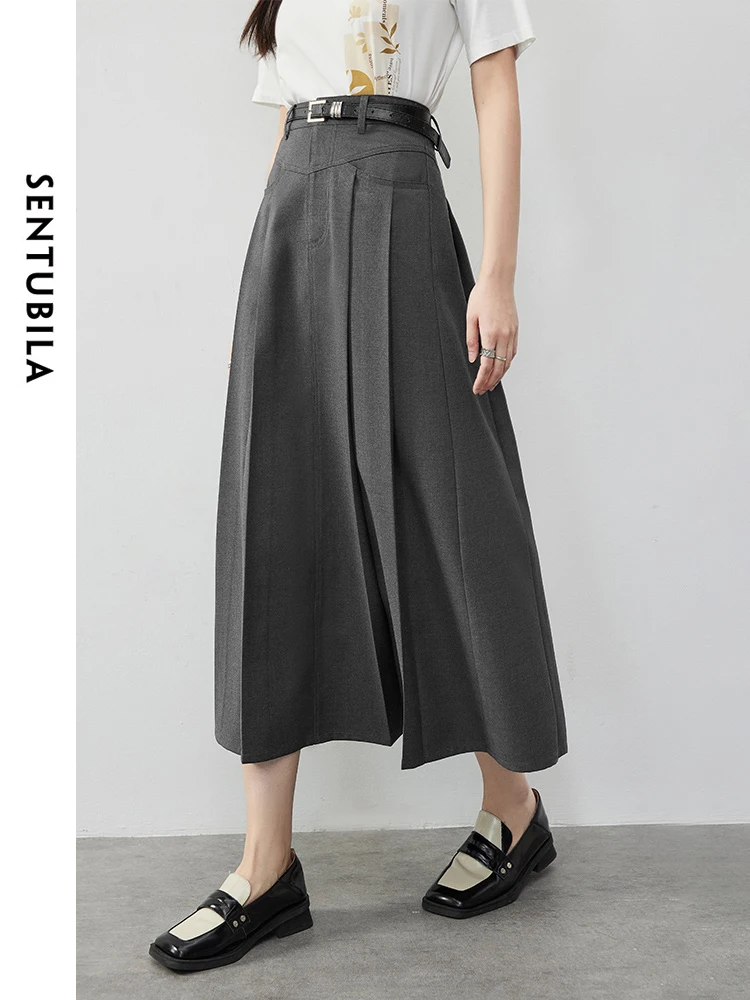 

SENTUBILA Pleated Woman Skirts 2025 Korean Style Comfort Casual Basic Dark Grey A-Line Long Skirts Women Clothing 143Q55934