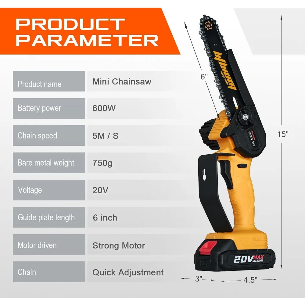 Mini motosserra sem fio de 6 polegadas com 2 baterias, portátil elétrica para cortar madeira fresca sob 3 polegadas