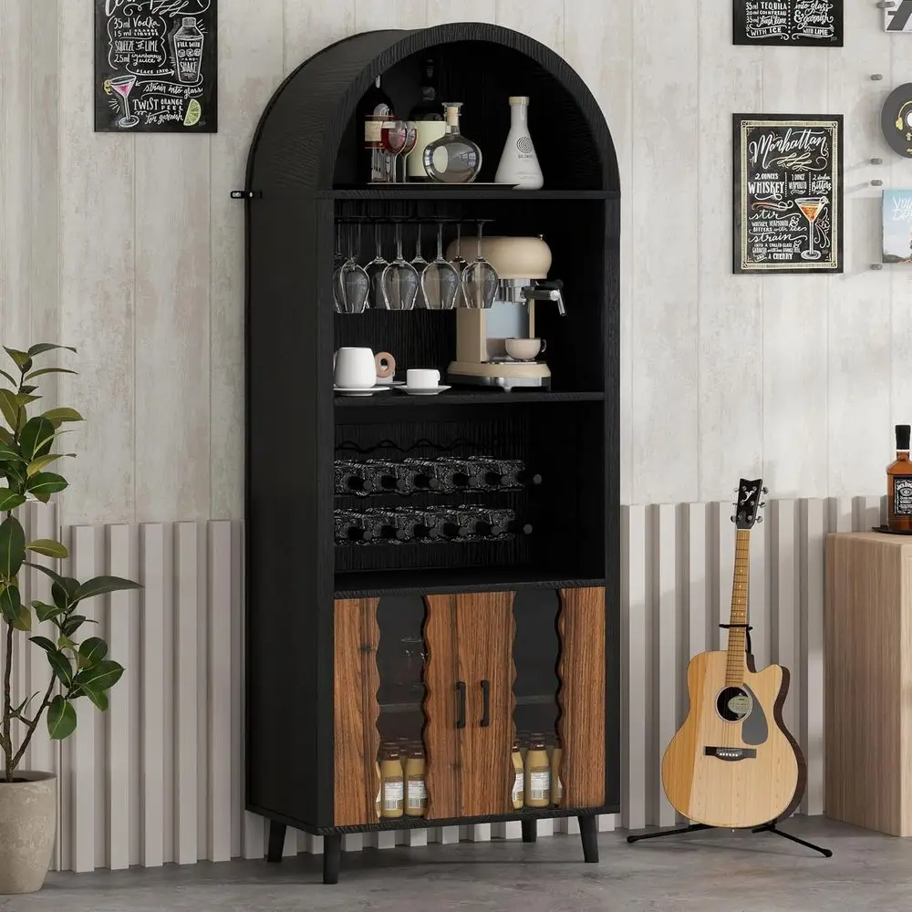

71 Tall Arched Wine Bar Cabinet with Storage, Rack, and Glass Holder for Living and Dining Rooms - Black