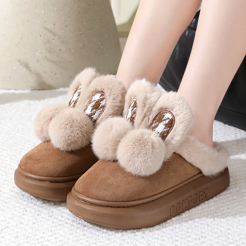 

New kawaii bunny ears slipper woman winter home shoes women's furry house rabbit slippers with pompons cute indoor funny clogs