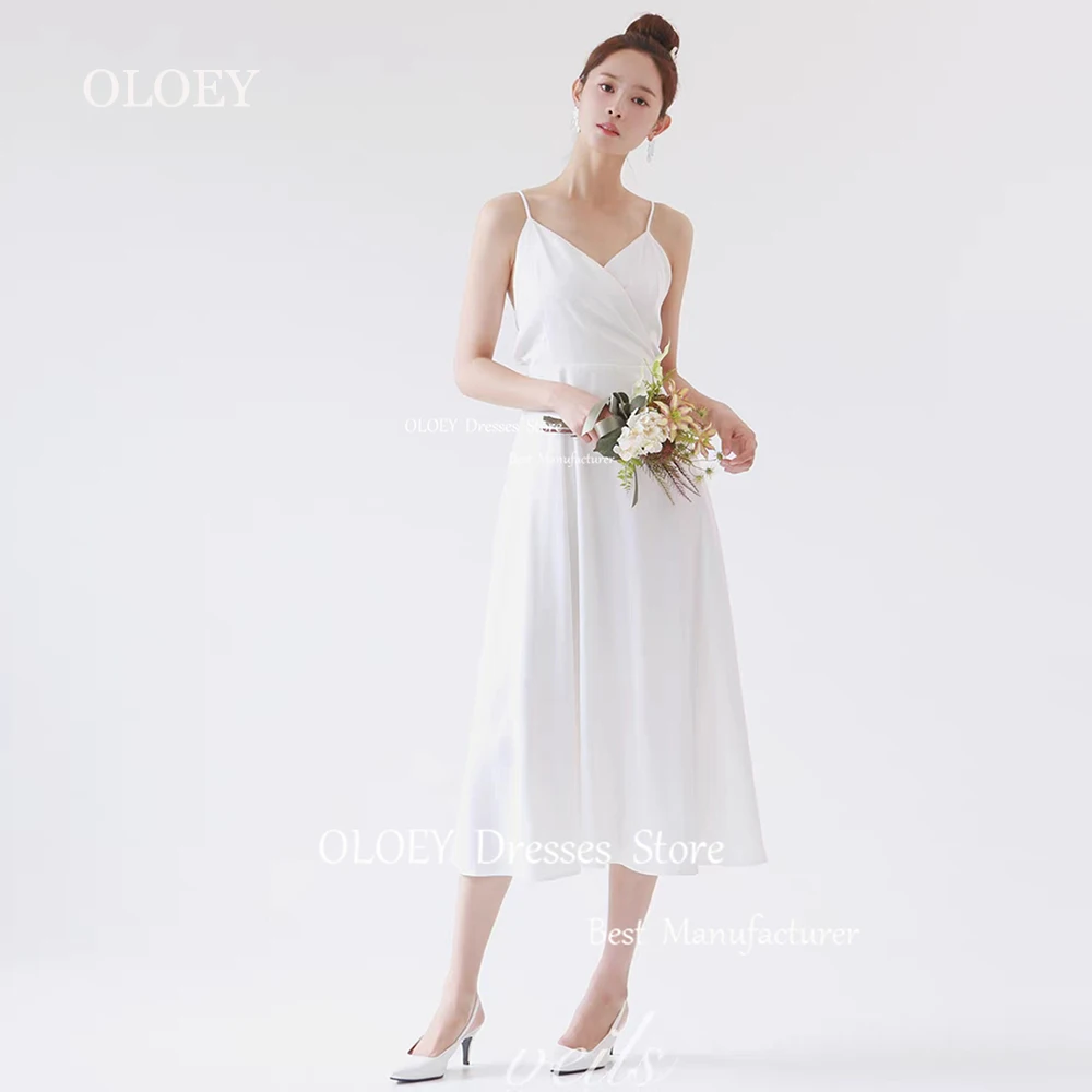 OLOEY Elegant V Neck Pleats Satin Wedding Dress Mid-Calf Length Sleeveless Bridal Gown Backless Korea Photoshoot Custom Made