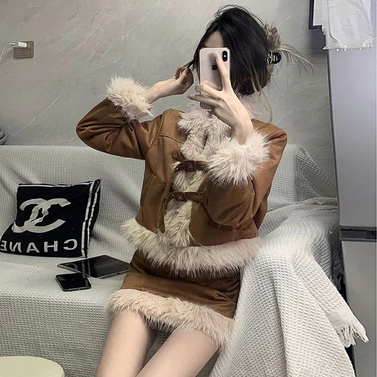 "Female Elegant Style Two Piece Set Autumn And Winter 2025 New High Quilted Knit Woolen Laple Collar Coat High Waist Skirt"