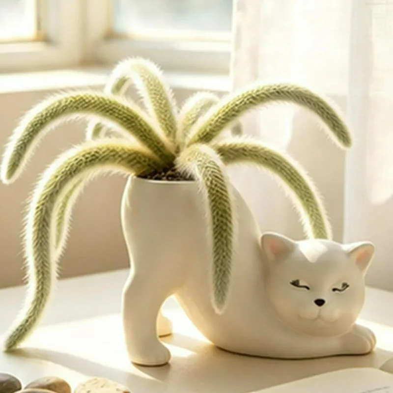 PVC Cat Planter Flower Pot for Succulent Cactus Cute Stretching Cat Design Desktop Pen Holder Home Office Decor Drop Resistant