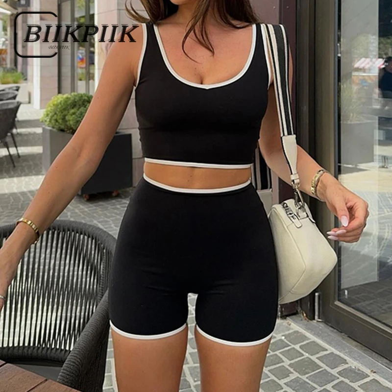 

BIIKPIIK Black White Contrast Color Women Sets Sporty Fitness Shorts Suits Jogging Tracksuits Concise Casual Two Piece Sets 2024