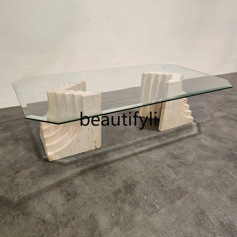 

Nordic natural travertine coffee table rectangular creative wabi-sabi minimalist tempered glass living room tea table