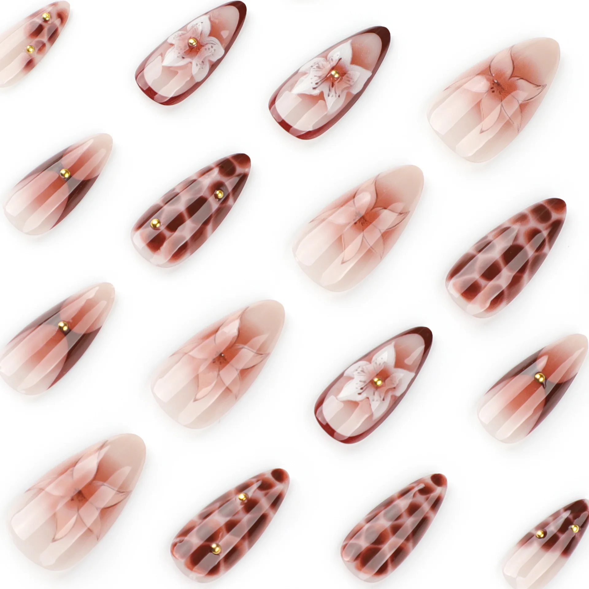 24pcs Retro Almond Press On Nails Brown Marble Cracks Ice Flower Printed False Nails European Wearable French Style Fake Nail - Image 2