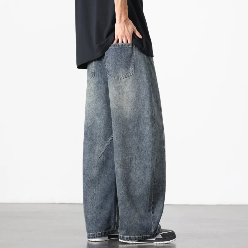 Men's Loose Fit Denim Pants with Side Split Design Loose Flare Fit Vintage Washed Versatile Draped Floor Length