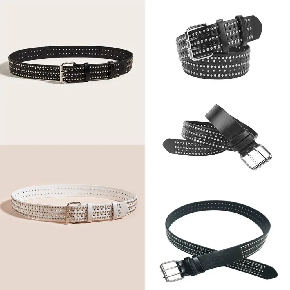 Fashion Punk Rivet Belts Hollow Star Design Versatile Gothic Leather Belt Adjustable Double Pin Buckle Waistband Unisex