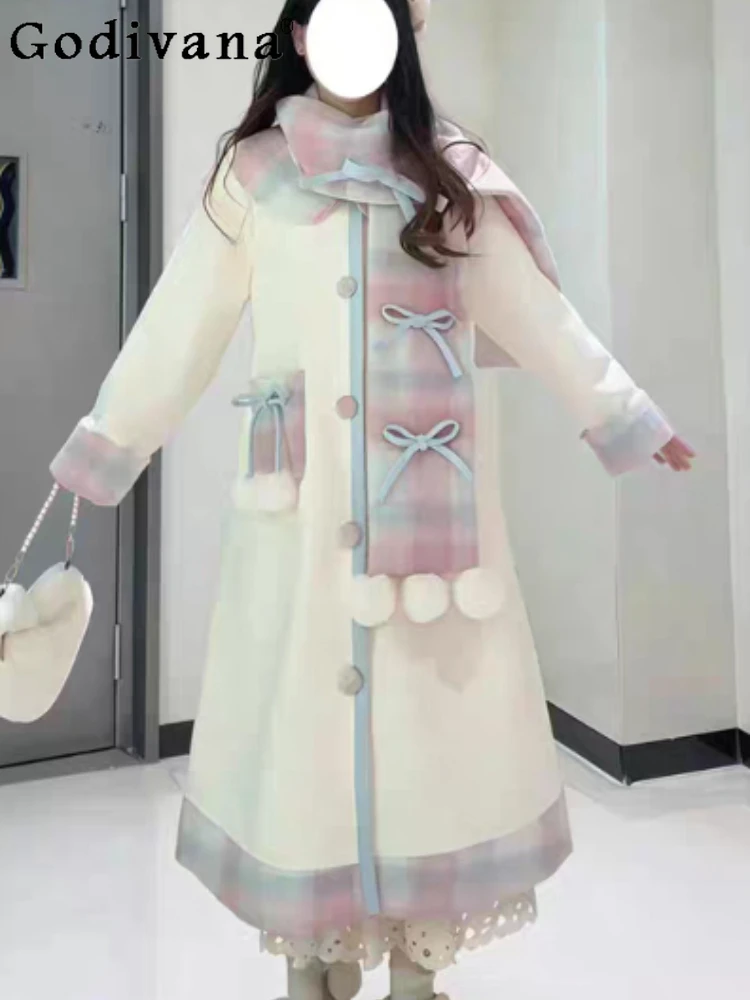 เสื้อโค้ทผู้หญิงน่ารัก สไตล์โลลิต้า อ่อนหวาน ผ้าขนสัตว์ แขนยาว ผูกเชือก แฟชั่นอเนกประสงค์ ทรงหลวม ช่วยลดอายุ ให้ความอบอุ่น เหมาะสำหรับฤดูหนาว